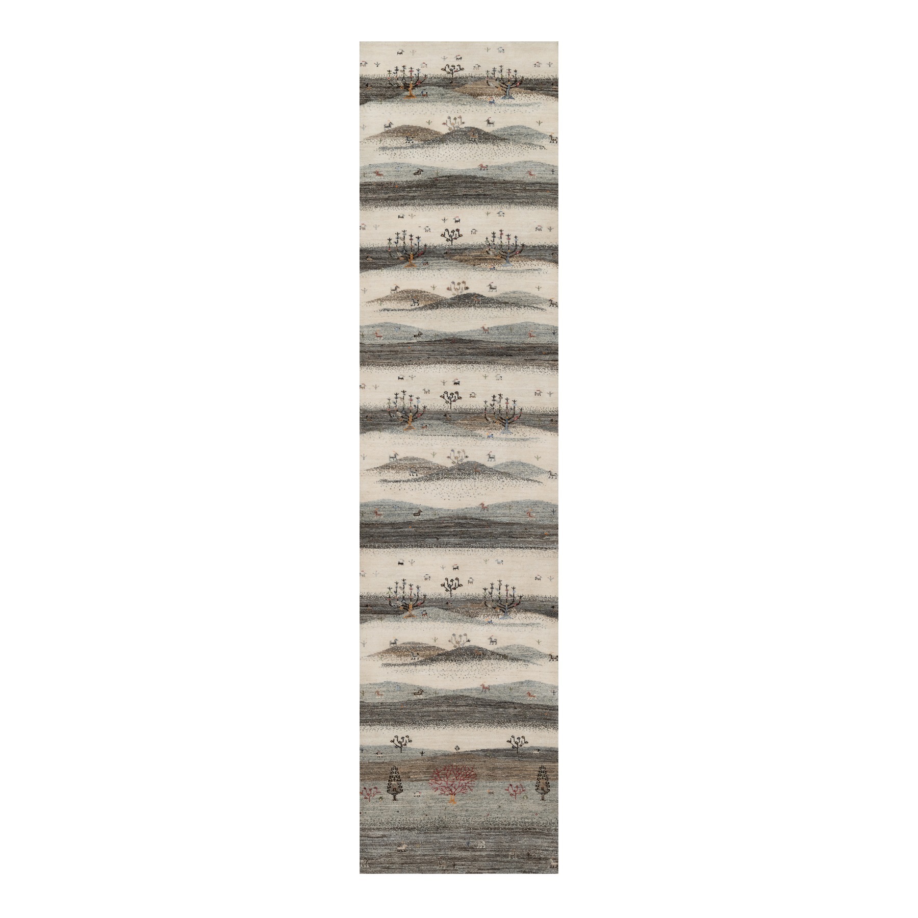 Pristine White, Modern, Lori Buft Gabbeh with Small Animal Figurines, Thick and Plush, 100% Wool, Hand Knotted, Runner, Oriental Rug